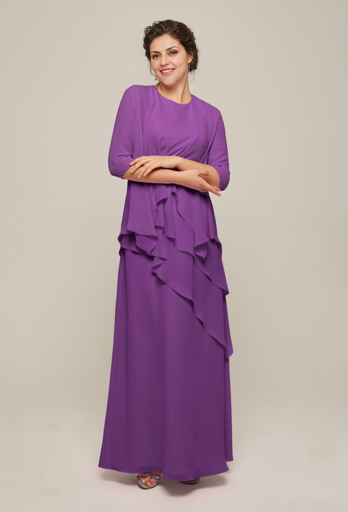 Formal Women's Dresses Round Neck Elegant 3/4 Sleeves Tiered Floor Length Free Custom Size Mother of the Bride Dress